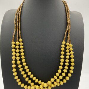 Three Strand Yellow and Gold Beaded Barrel Clasp Necklace